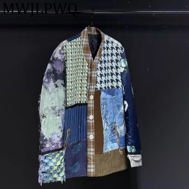 

MWJLPWQ Patchwork Design Color-Block Loose Casual Denim Jacket For Men High Street Long Sleeve Niched Casual Tops 2025 New 12240