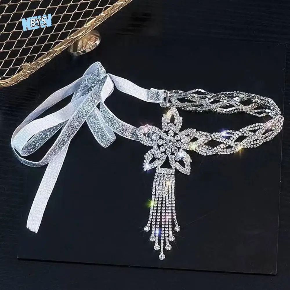 

Luxury Shiny Rhinestone Flower Necklace Crystal Tassel Elegant Exaggerated Necklace Hollow Neck Jewelry Lace up Necklace Gift