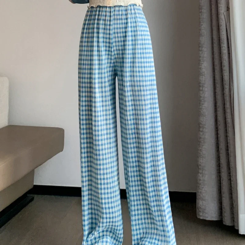 

Pleated Plaid Wide-leg Pants Women Summer 2023 Korean Fashion High Waist Straight Trouser Y2k Casual Baggy Folds Streetwear New