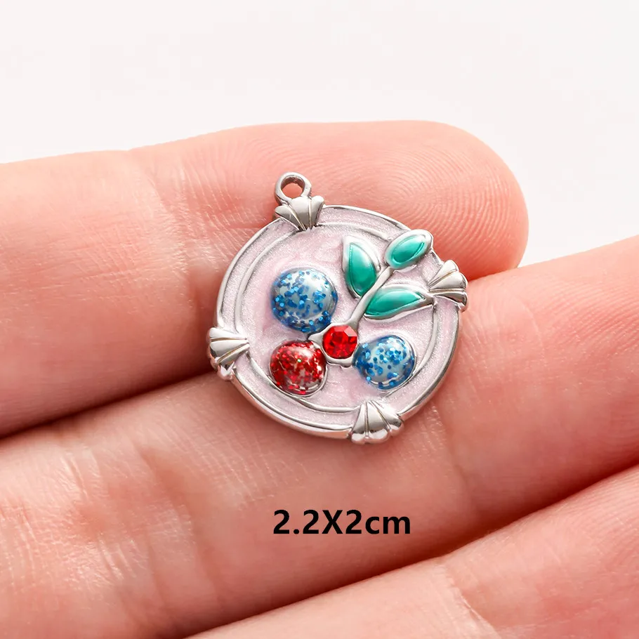 2 Stück Edelstahl-Anhänger mit blau-rosa Emaille, modischer Pflanzen-Charm, natürliche Perlenblumen-Anhänger für die Schmuckherstellung, Halsketten, Großhandel – Detail 5