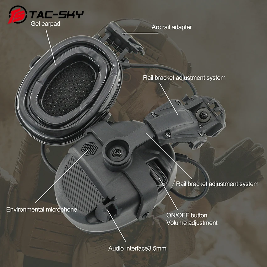 TS TAC-SKY Noise-Cancelling Tactical Headset Compatible with FAST Ops-core, Wendy, MLOK Helmets for Hunting Shooting Sport