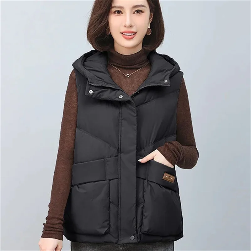 White duck down Vest Women's Hooded Winter Outerwear 2025 New Thick Middle-aged mother Vest Jacket Solid color Casual Short Top