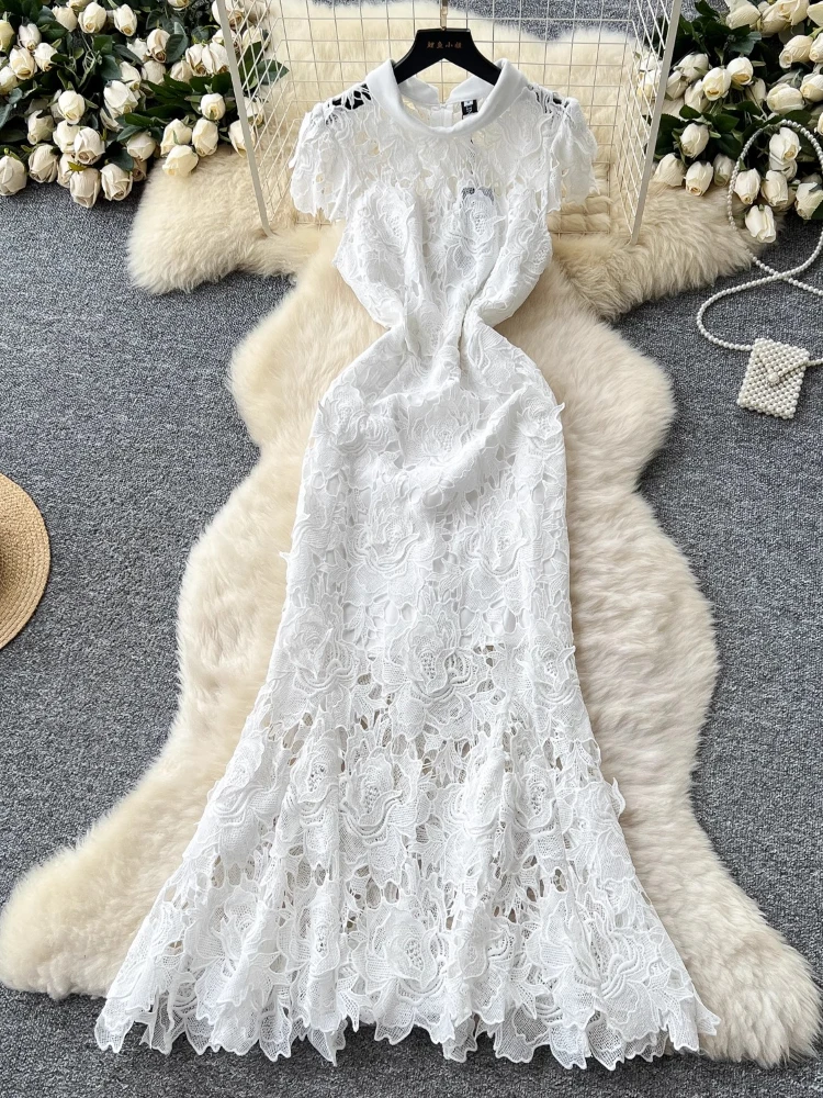 

Роскошное торжественное платье с цветочной вышивкой, подиумное платье 2022, летнее платье с воротником-стойкой, сине-белое кружевное вечернее платье русалки для выпускного вечера, Vestidos