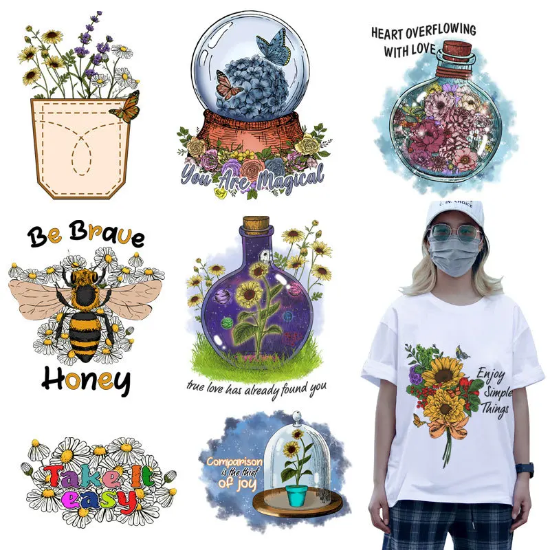Cartoon flower Heat Transfer Patch For Clothing Iron On Clothes Women DIY Thermal Stickers For T-Shirt Decals Patches