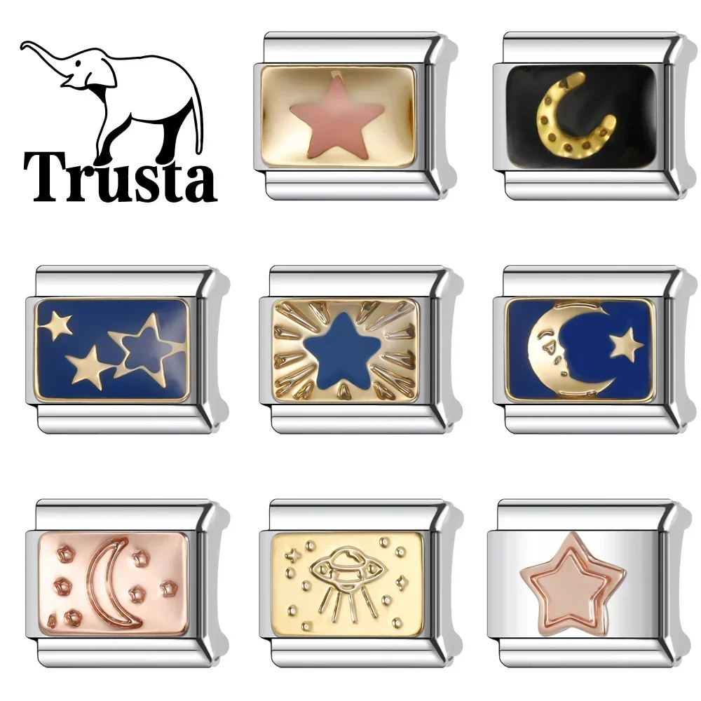 Trusta 2024 Fashion Cute Blue Star Moon Charm Italian Links 9mm Stainless Steel Bracelet For Women DIY Jewelry Wholesale N016