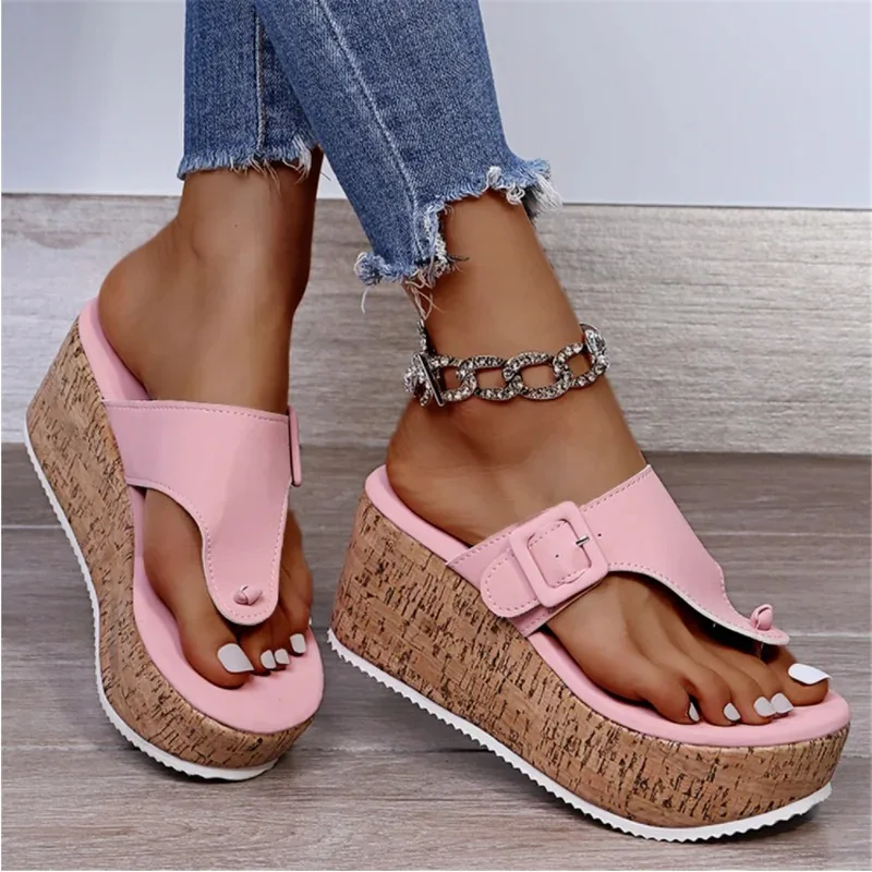 Women Summer Flip Flops Shoes Female Wedge Platform Sandal 2024 Ladies 7.5cm Thick Bottom Casual Slippers Shoe Black Pink