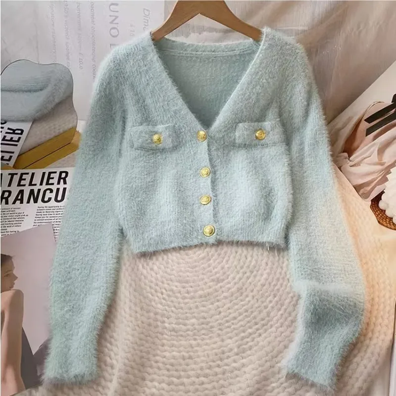 Fashion Mink Cashmere Cardigan Women Vintage Button Cropped Knitted Sweater Autumn New V-neck Solid Elegant Pink Cardigan