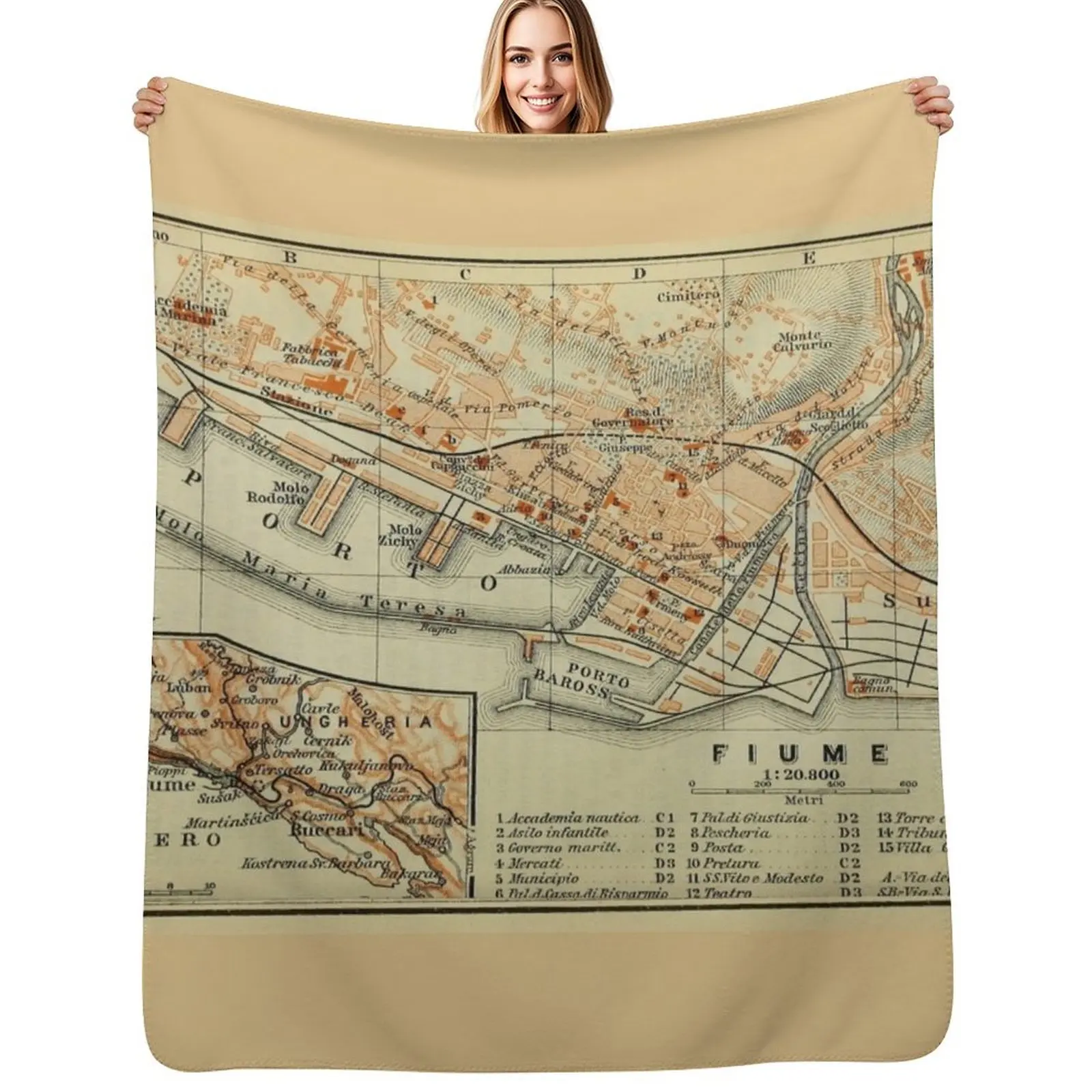 

Vintage Rijeka Croatia Map (1911) Throw Blanket Warm Accent Blanket for Living Room Decoration