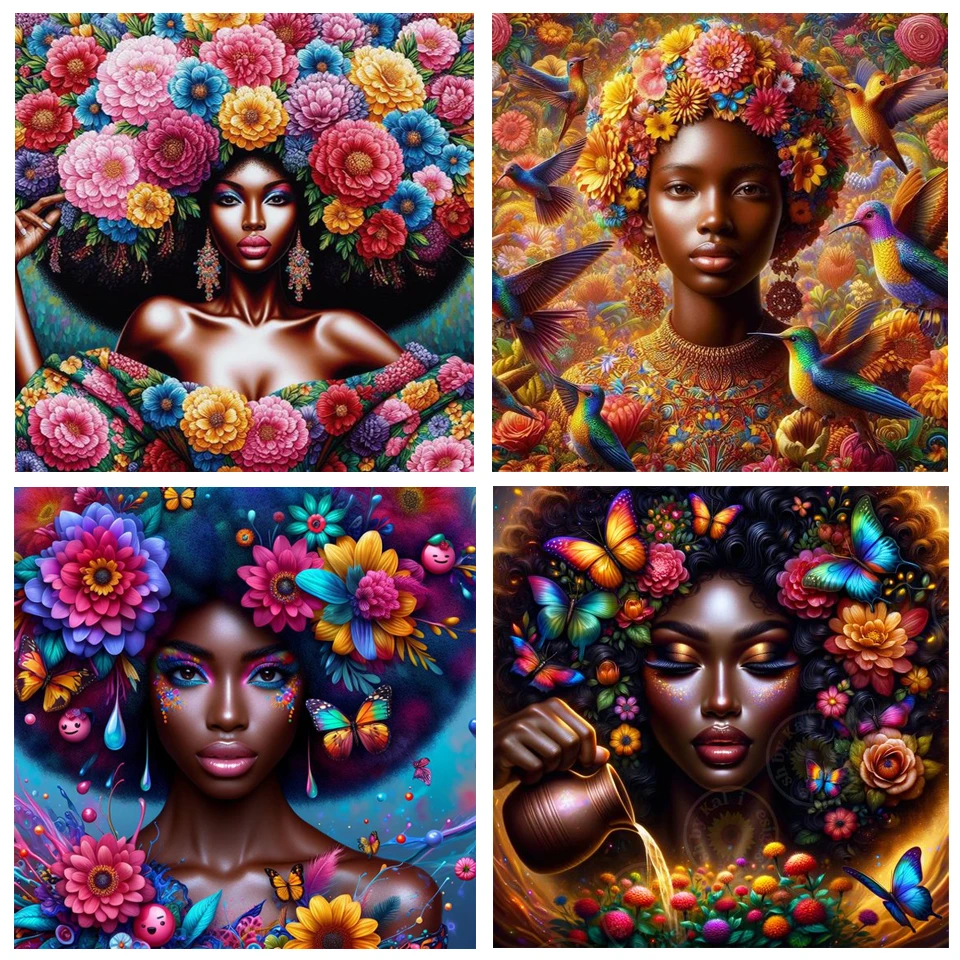 

Flowers African Women Diamond Mosaic Sale Full Square Round Diamond Painting DIY Embroidery Picture Of Rhinestones Art