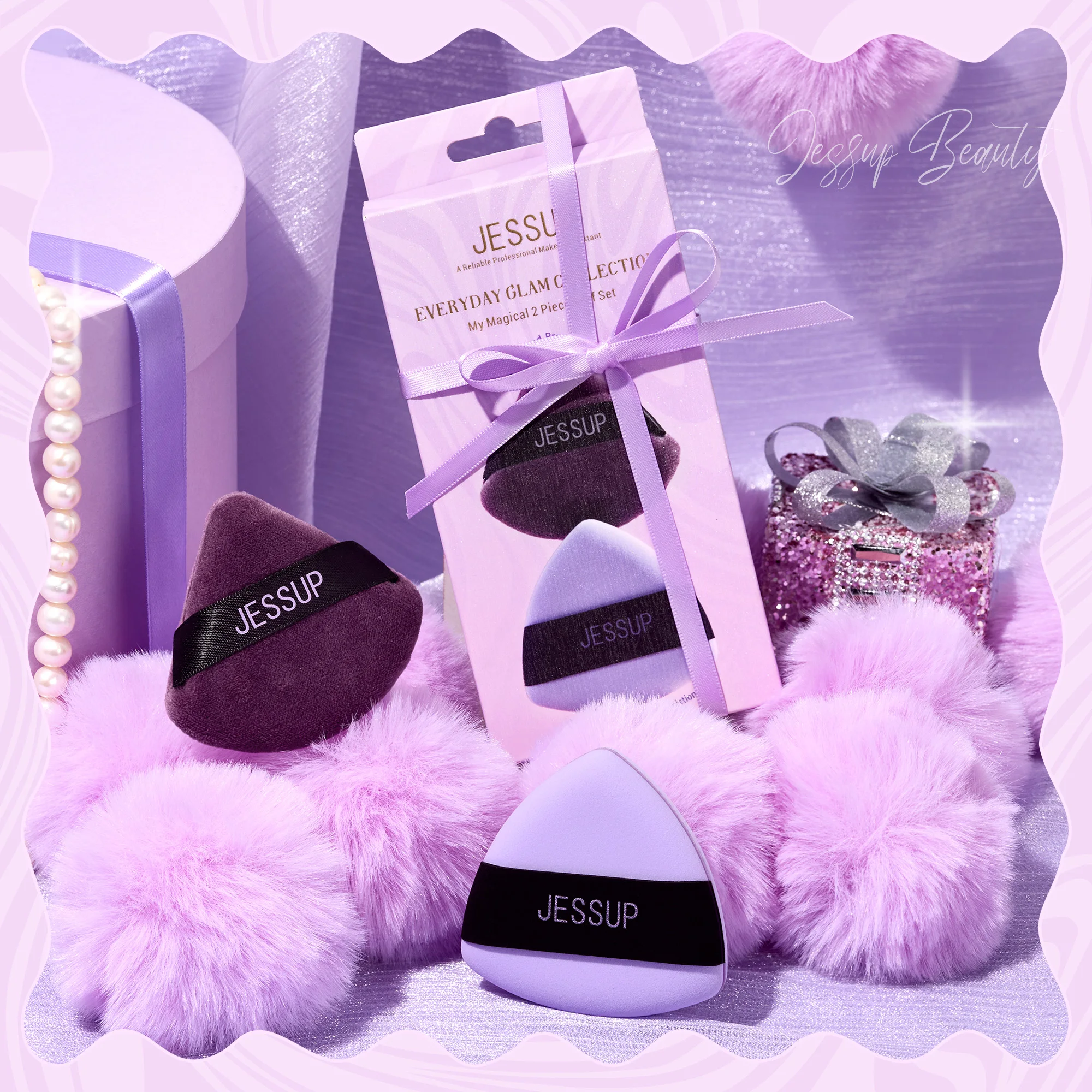 Puszysty puder Jessup, 2 szt. Trójkątne puszyste puderki do podkładu i nakładania, wielokrotnego użytku, nadające się do prania, fioletowe SP018