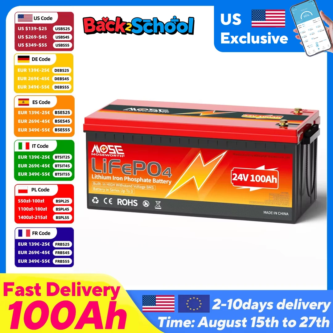 MOSEWORTH 24V 100Ah LiFePO4 Batteria Al Litio Ferro Fosfato Batterie Built-In BMS 8000+ Cicli Per Barca Solare Fuori-Griglia