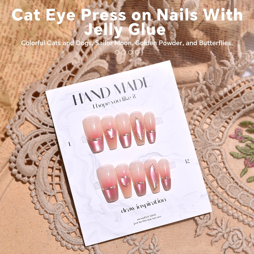 10Pcs Pure Handmade 3D Press on Nails Full Cover Glitter Cat Eye Rhinestone Design With Jelly Gule Fake Nail Tips Manicure Tool