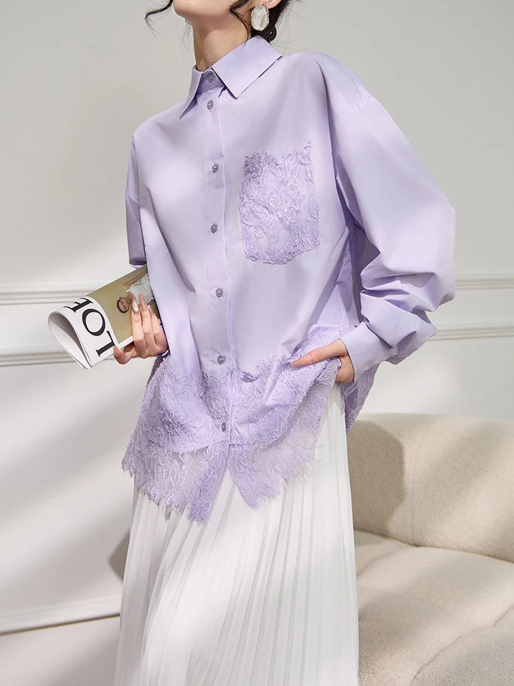 Lavender Lace Patchwork Long Shirt for Women