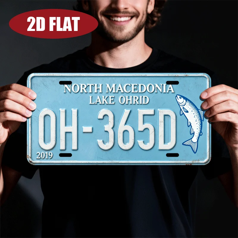 2D Flat - Metal Sign in a Vintage North Macedonia Ohrid Lake License Plate a Balkan Travel Souvenir Retro Wall Decor Aluminum