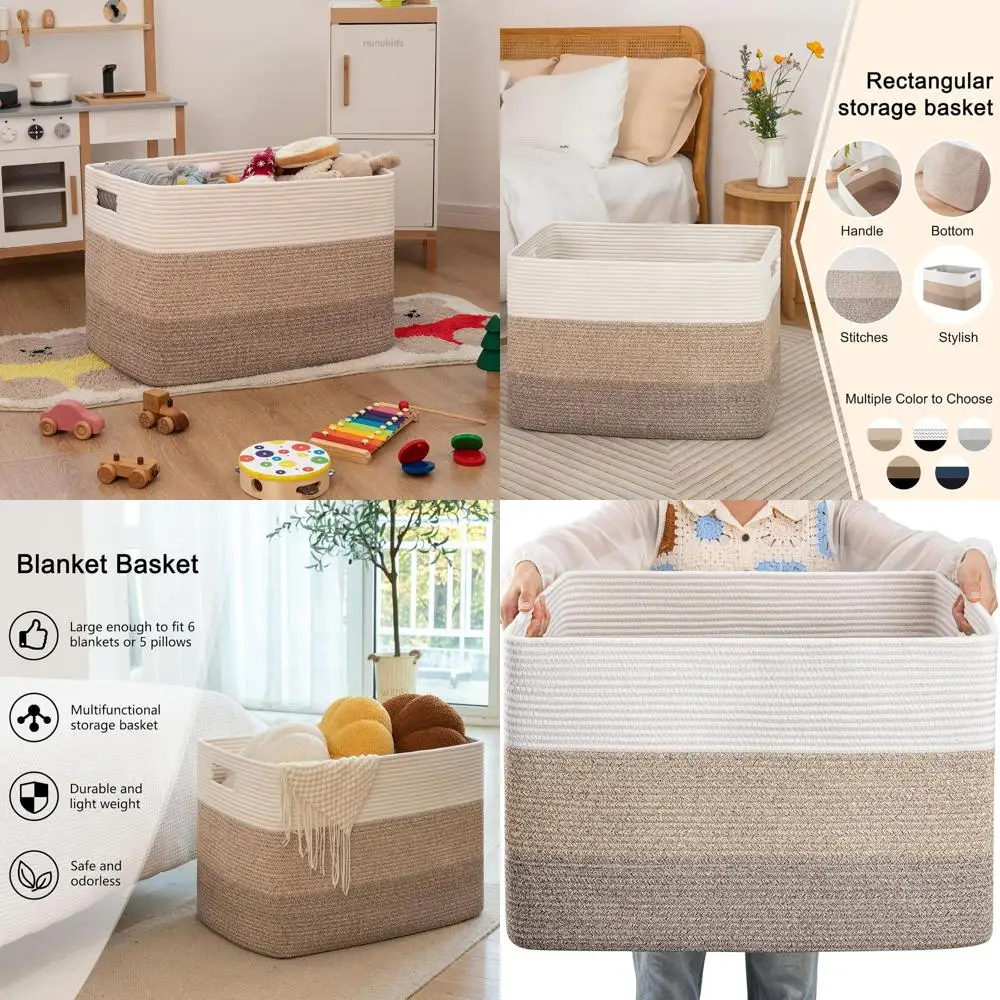 

108L Large Cotton Rope Basket, RecWoven Baskets or Storage, Nursery Blanket Storage Living Room, Toy Basket With Handle-25”x16”x
