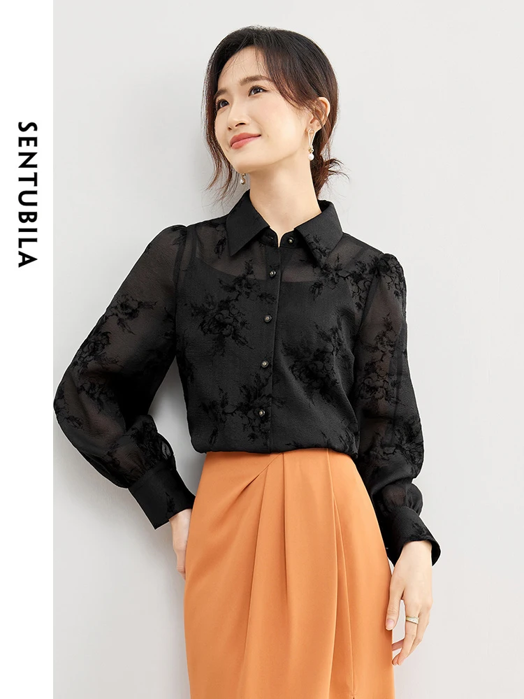 SENTUBILA Black Lapel Printed Long Sleeve Blouses Tank Top 2024 Spring Chinese Style Loose Button Up Shirt Camisole 141C53374