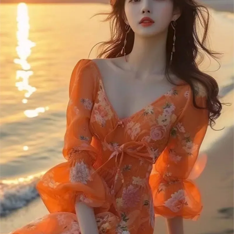 

Women's Orange Collar Long-Sleeved Floral Dress for Seaside Vacation