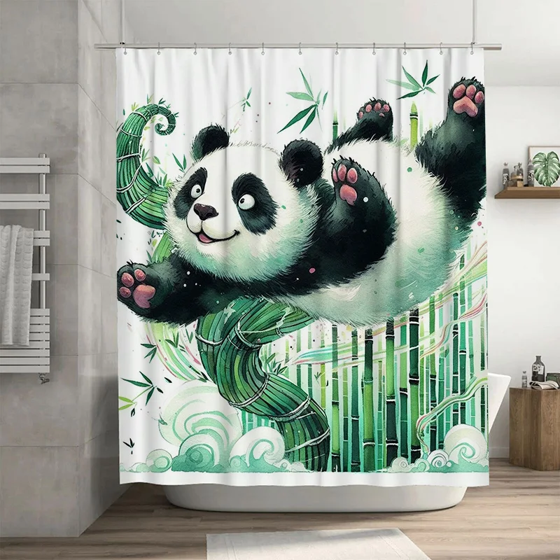 

Adorable Panda & Bamboo Print Shower Curtain White with Green Accents Decorate Your Bathroom in Style!