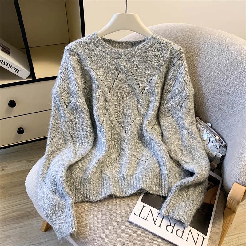 المرأة رمادي متماسكة البلوز سترة ذات عنق دائرى خمر البلوز متماسكة طويلة الأكمام فحص سترة الكشمير المعنقة الخريف الشتاء 2000s الملابس