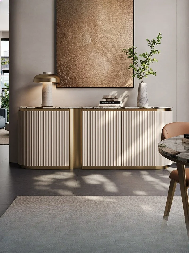 

Light luxury natural marble sideboard High-end wall-integrated household solid wood storage cabinet