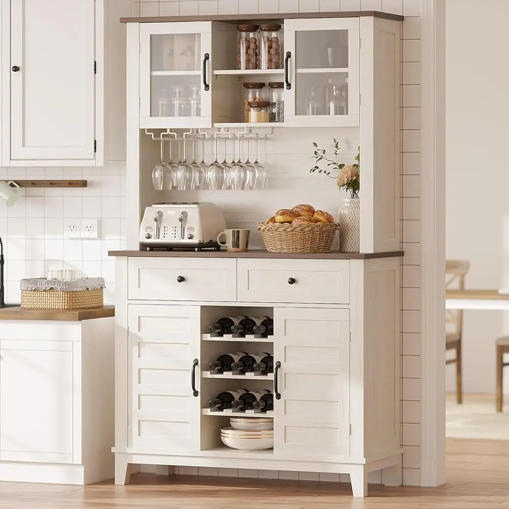 

72-белый кухонный шкаф для кладовой с кофейным баром, винной полкой и регулируемыми полками для многоцелевого хранения