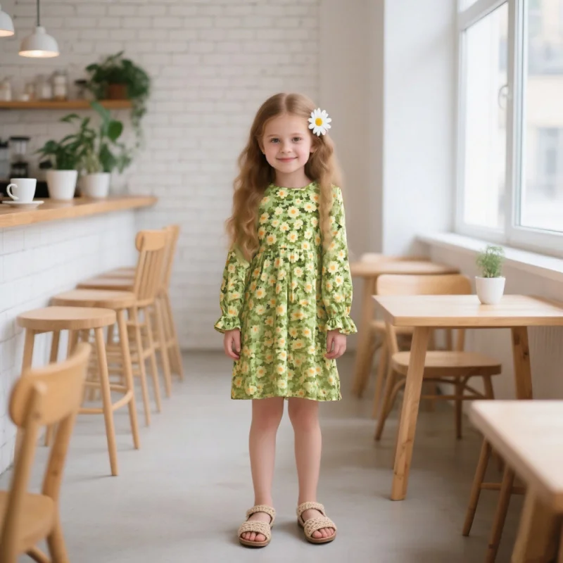 

Spring Autumn Girls Long Sleeve Dress Cute Yellow Floral Print Green Casual Kids Sweet Daily Party Outfit