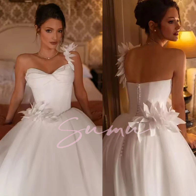 تخصيص الحبيب الرقبة مع 3D زهرة فستان الزفاف زر فستان زفاف الطابق طول Abito da sposa