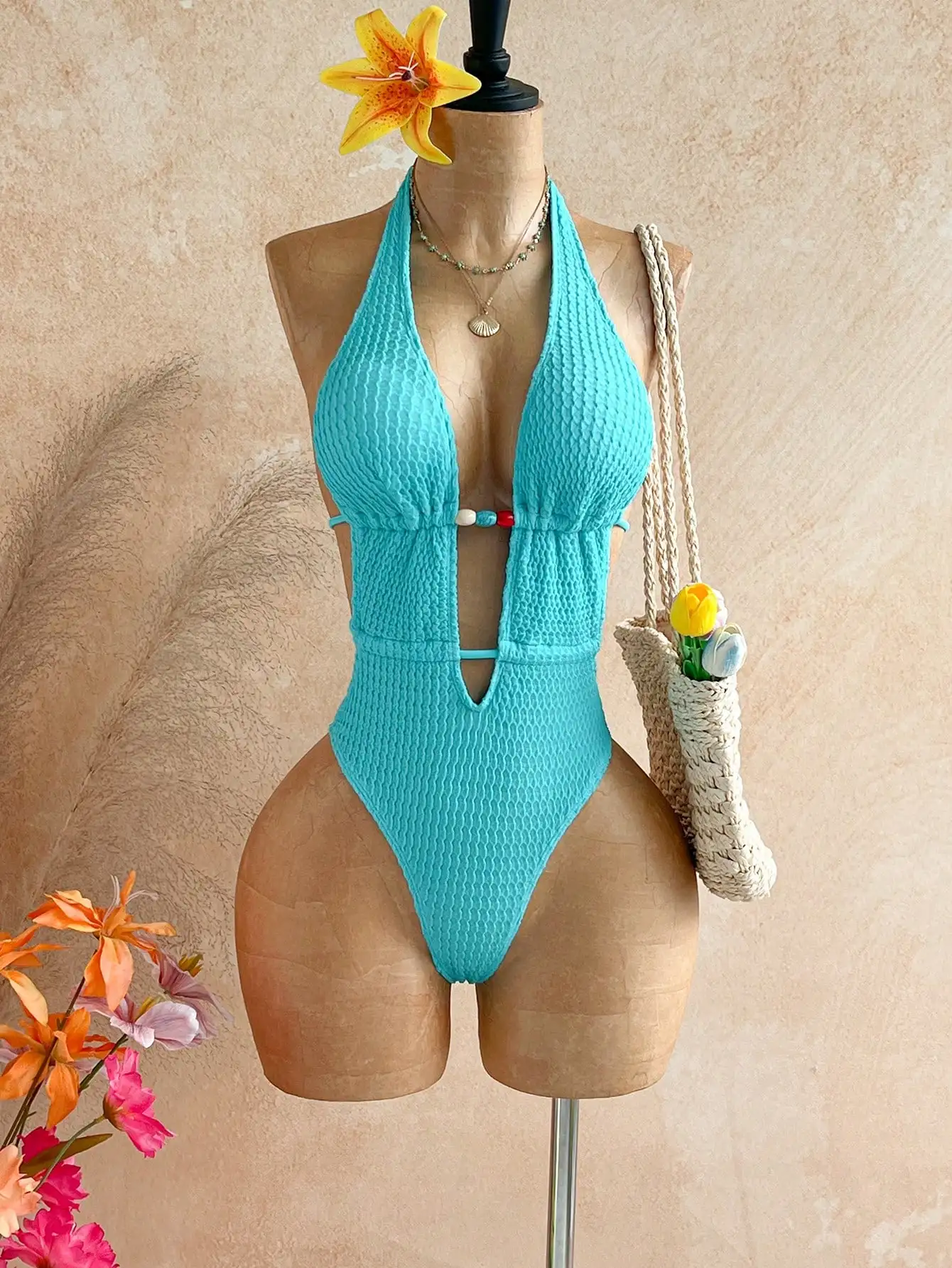 

Blue Halter Neck One Piece Swimsuit With Cut Out And Lace Up Detail