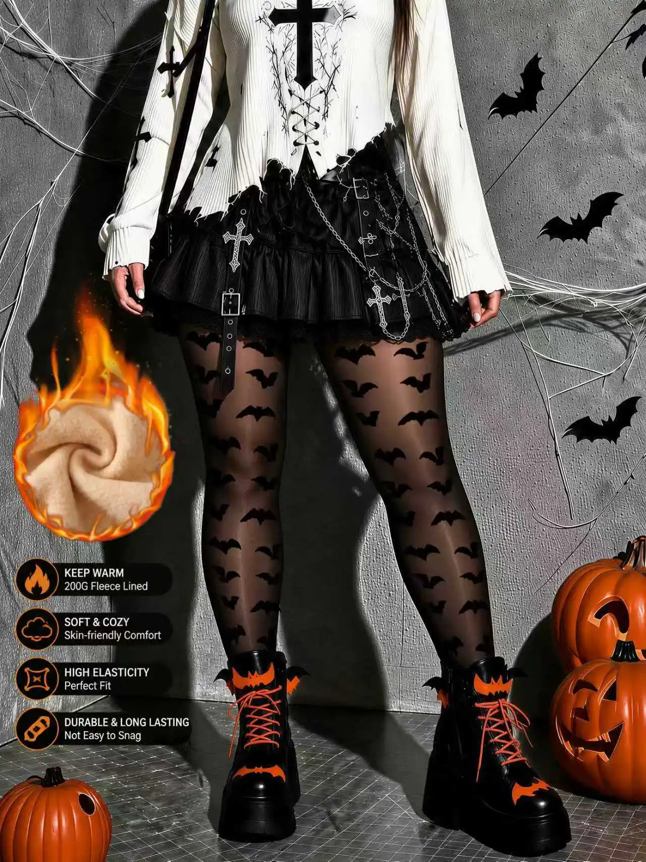 Damen Herbst-Winter Fleece-gefütterte Dicke Leggings mit Fledermaus-Print, Warme Hochgeschnittene Strumpfhose, Bequeme Tights für Tägliche Ausflüge & Freizeitaktivitäten – Detail 1