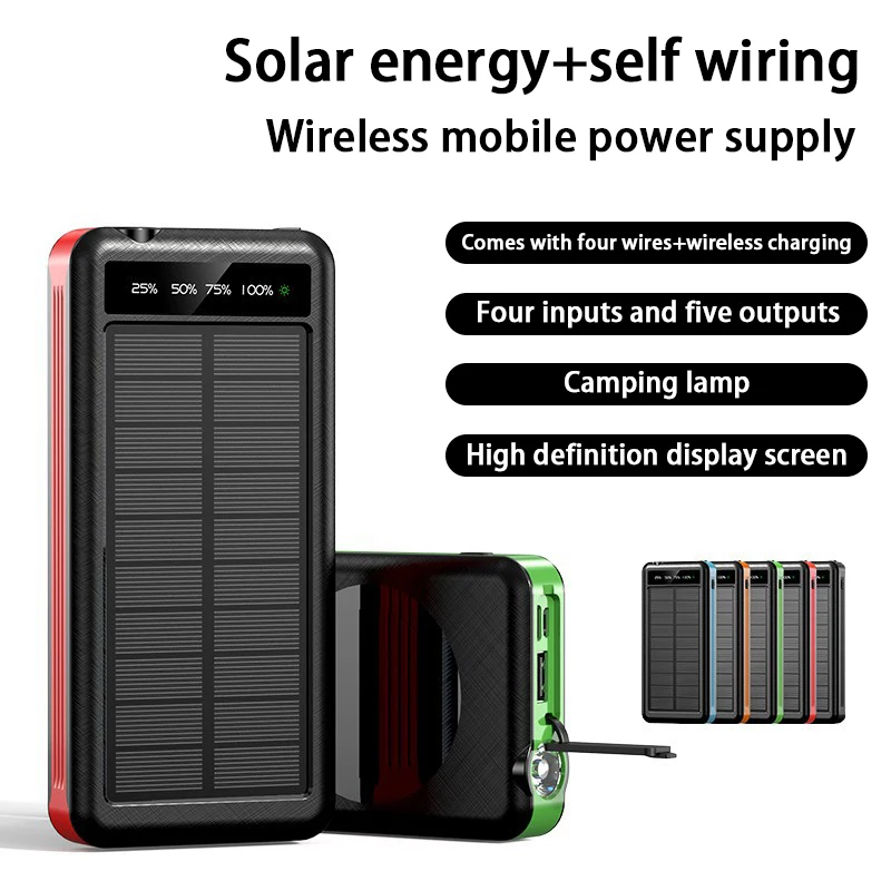 For Mobile Phone Laptop Solar Power Bank,With LED Light With Wireless Charging 2USB Ports Built Cables 30000mAh Solar Power Bank