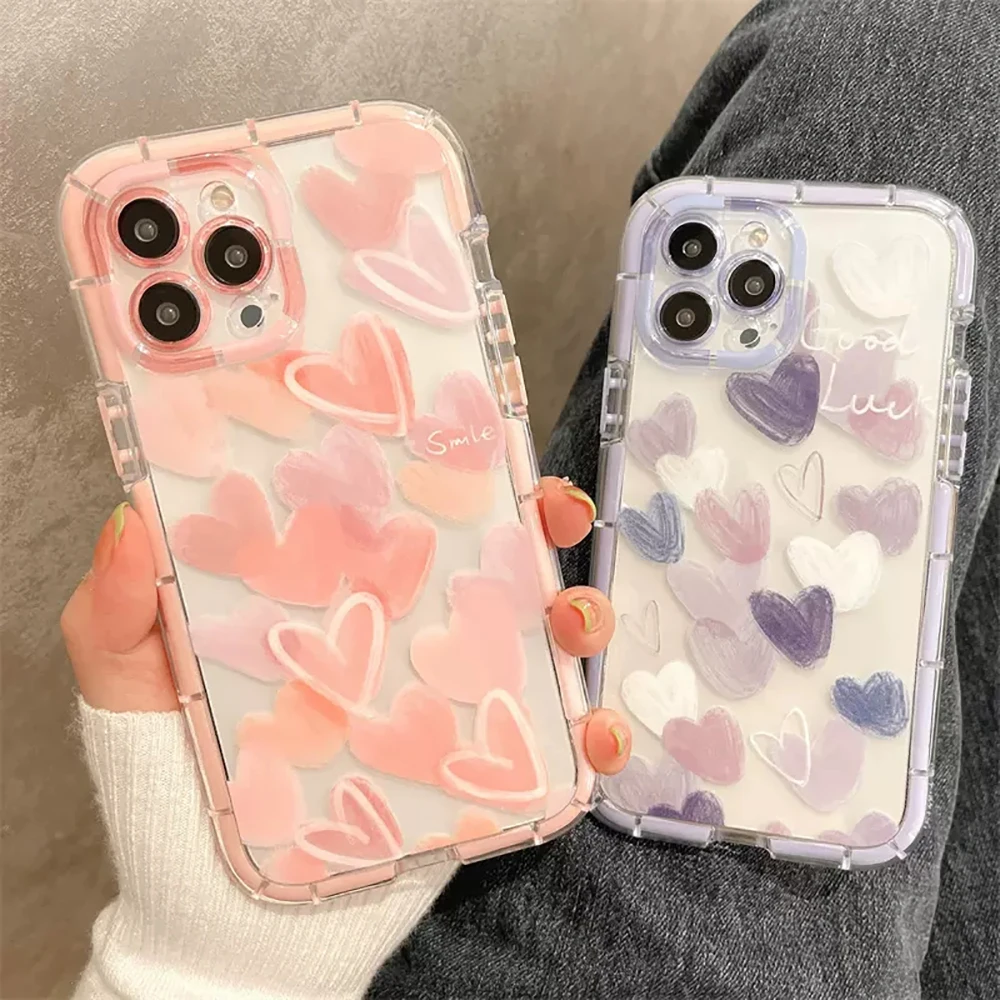 Cute Love Heart Soft Shockproof Bumper Transparent Phone Case For iPhone 11 12 13 14 15 Pro Max XS X XR Silicone Back Cover Case