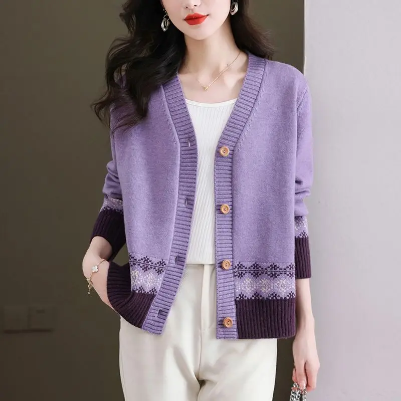 Весенне-осенний новый свитер, кардиган, универсальная женская куртка, вязаный свитер с цветными блоками, топ