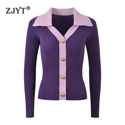 ZJYT Autumn Winter Turn Down Collar Cardigan Sweaters for Women Color Block Knitted Tops Elegant Jersey Mujer Fashion 2024 New