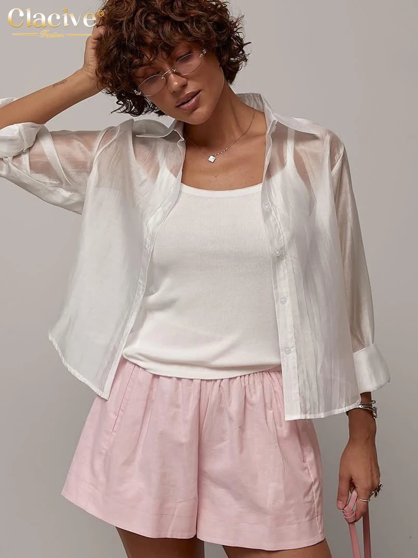 Clacive Sexy Loose White Women Blouse 2027 Spring Lapel Long Sleeve Shirt Lady Elegant See Through Top Female Clothes Streetwear