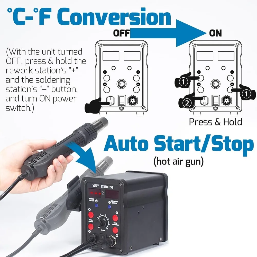 Kit de estación de soldadura de hierro de aire caliente 2 en 1 con controles digitales, 5 puntas, 3 boquillas y accesorios