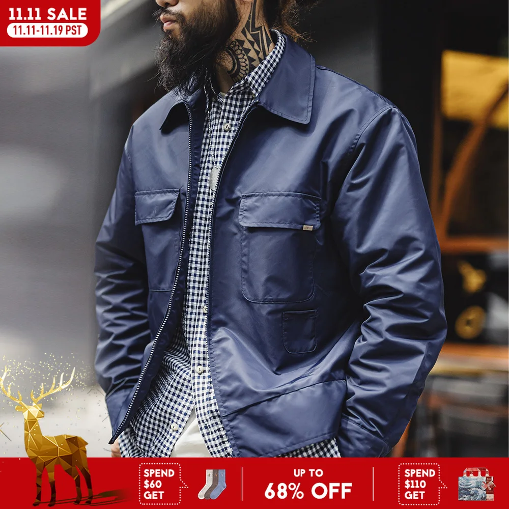 

Maden новая винтажная темно-синяя куртка с вышитыми буквами и лацканами на молнии, повседневная верхняя одежда для мужчин, осенне-зимнее универсальное пальто