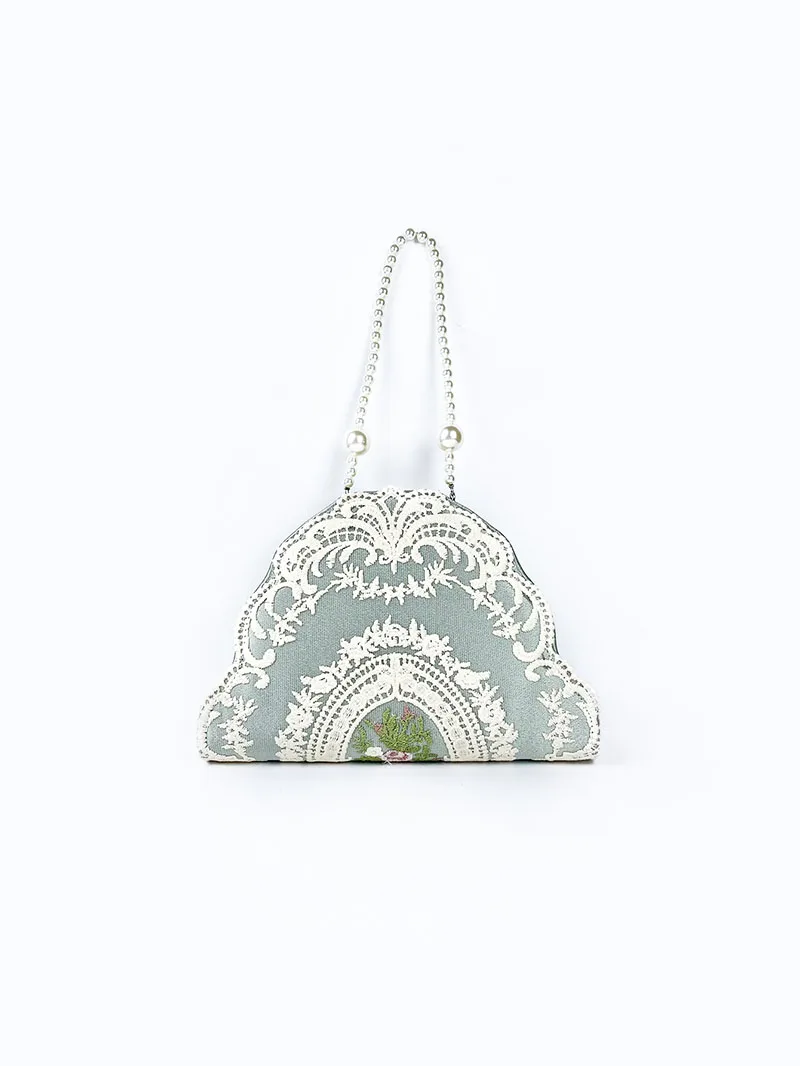 

Embroidery Patchwork Semi-circular Clutch Purse Satin Party Dinner Handbags Vintage Women's Bag Irregular Lace Pearl Chain Bag