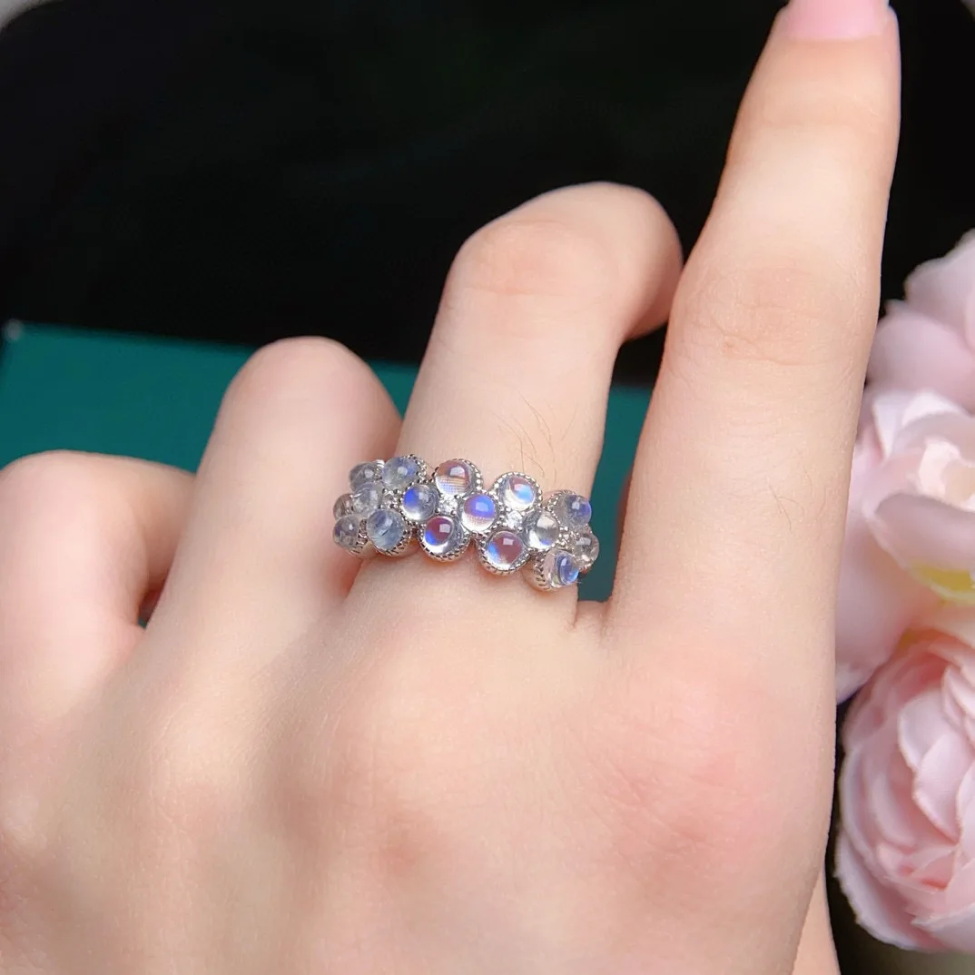 

Natural Moonstone Ring, Premium Blue Flash 3x3mm Stones, 925 Sterling Silver Precision Setting, Adularescent Gemstone Jewelry