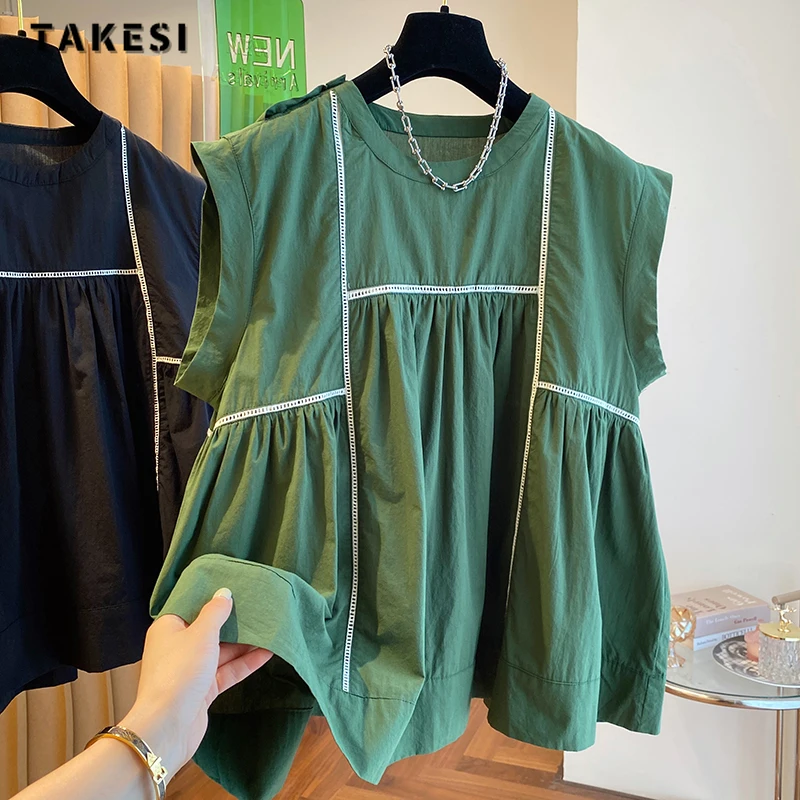 

Korean Lady Casual Style Round Neck Green Sleeveless Blouses 2024 Summer Women High Street Chic Loose Fit Chiffon Shirts