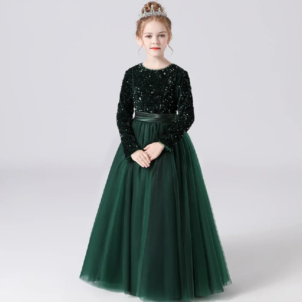Sukienki dla dziewczynek sypiących kwiatki, szyte na miarę, z cekinami, tiulowe, z długim rękawem, na wesele, dla druhen, na wieczorne przyjęcie, sukienka na konkurs piękności dla dziewczynek.