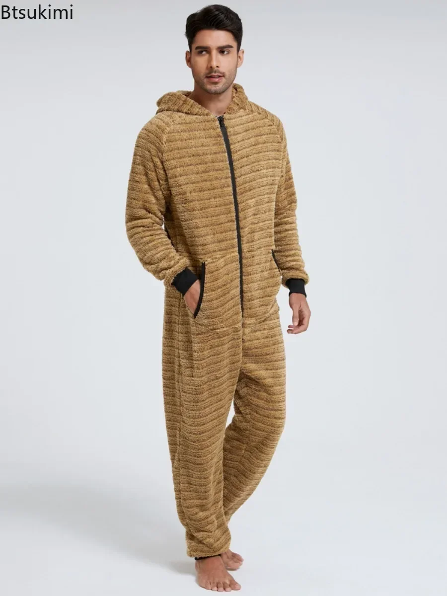 New 2025 Autumn Winter Casual Flannel Onesies Hoodie Jumpsuit Pajama Men Soft Jumpsuits Hoodie Zipper Sleepwear Male Homewear