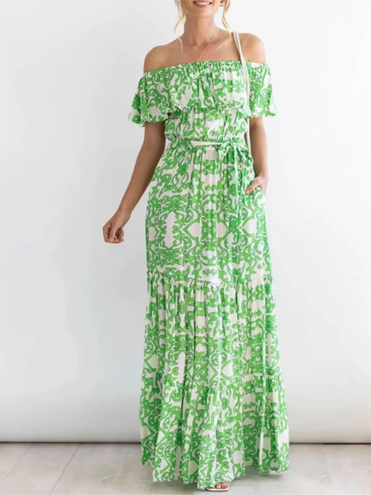 فستان مطبوع أنيق للنساء كاجوال مكشكش وأكمام قصيرة ورقبة مائلة فساتين فضفاضة للسيدات لقضاء العطلات على الشاطئ ملابس نسائية بوهو