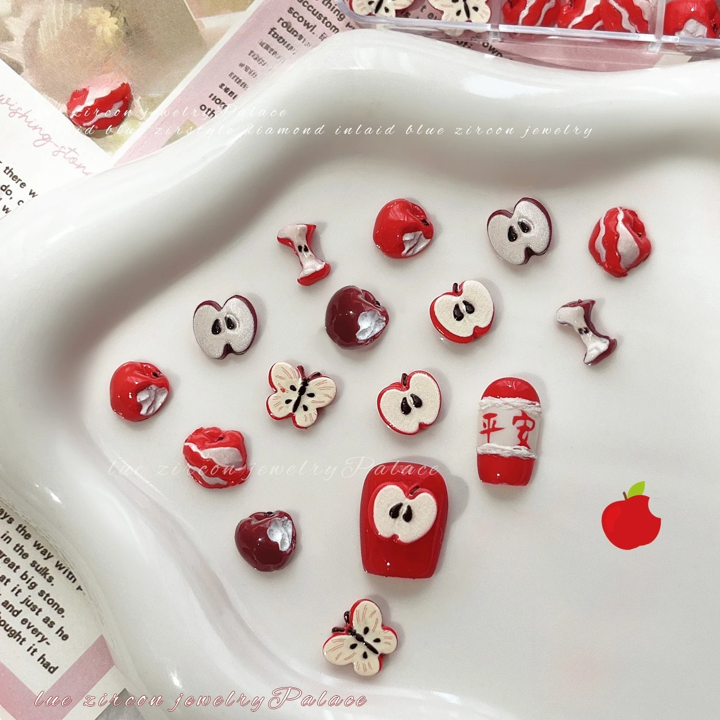 1Set Christmas Red Apple Nail Charms Simulation Fruit Slices Resin DIY Press On Nail Rhinestone Decorations