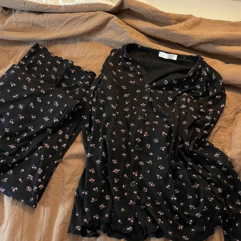 New Girls Floral Long Pajama Set Women's Floral Homewear Casual Long-sleeve and Long-pant Loose Pajamas for Teens Adult Homewear