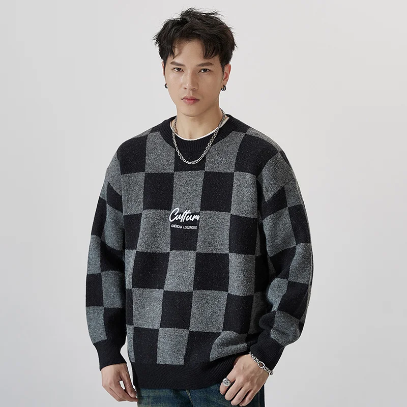 

Vintage Plaid round Ne Loose Men's Knit Sweater Autumn Winter Casual Wearable for Couples Polyester Fiber Warmth Providing