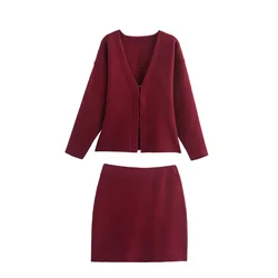 PB&ZA2024 Autumn New Women's V-neck Long Sleeve Simple Knitted Slimming Coat Flat Needle Mini Skirt Set