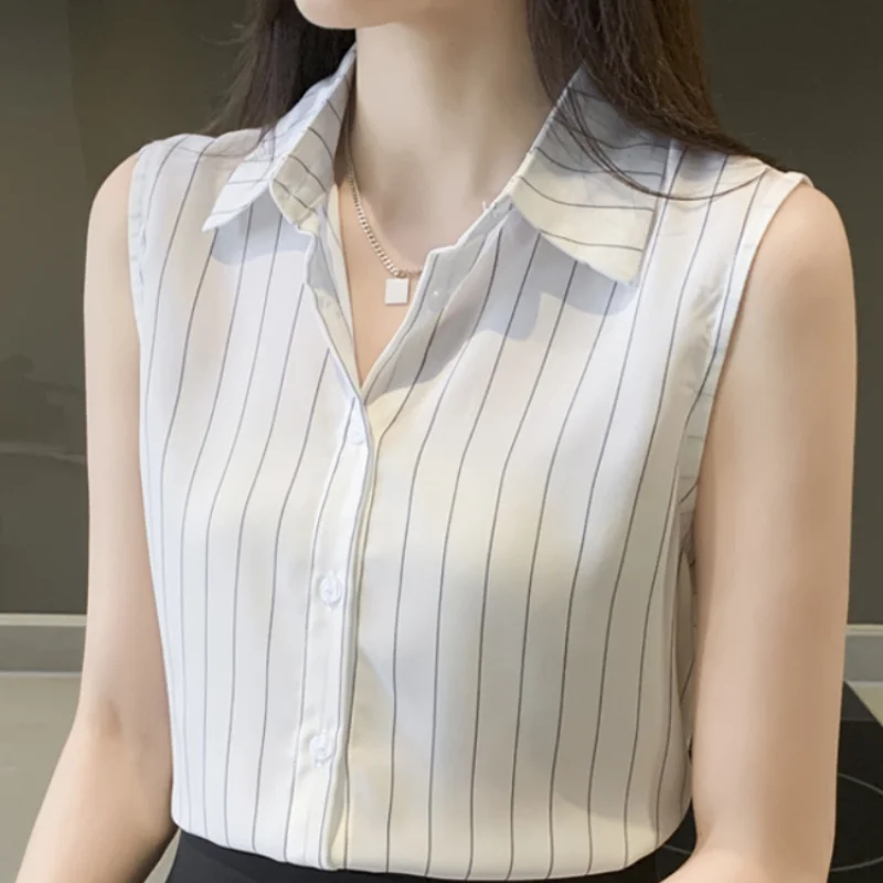 Woman Shirts V-neck Sleeveless Striped Laides Tops Chiffon Women Shirts Blouses Button Up Female Tops Fashion Clothes Woman 2024