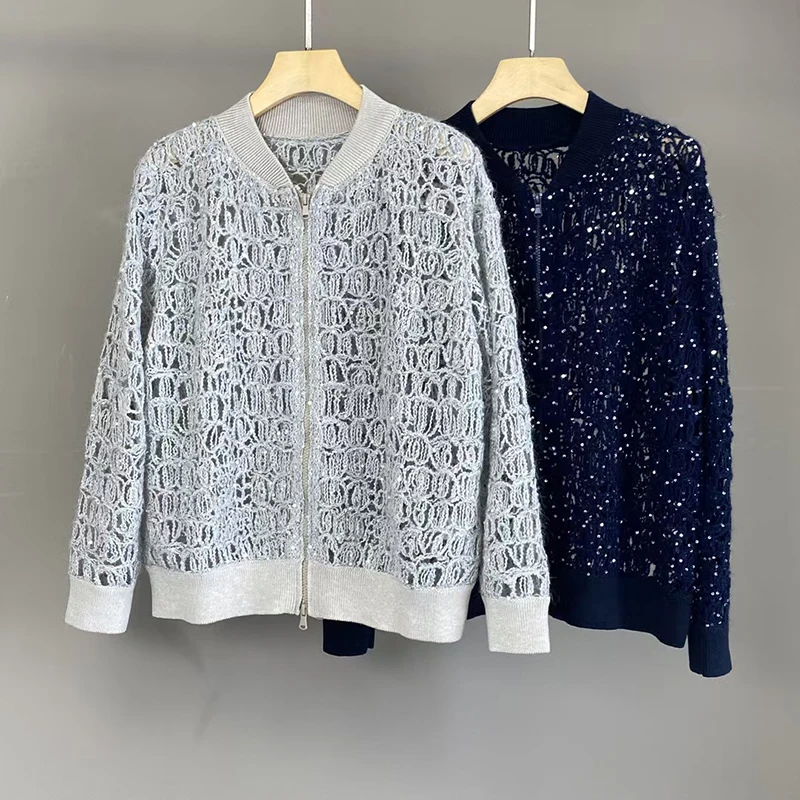 

Women's Old Money Heavy Jacquard Openwork Sequin Knitted Cardigan, Seahorse Fur Jacket Top, High Quality, Autumn, New Style,