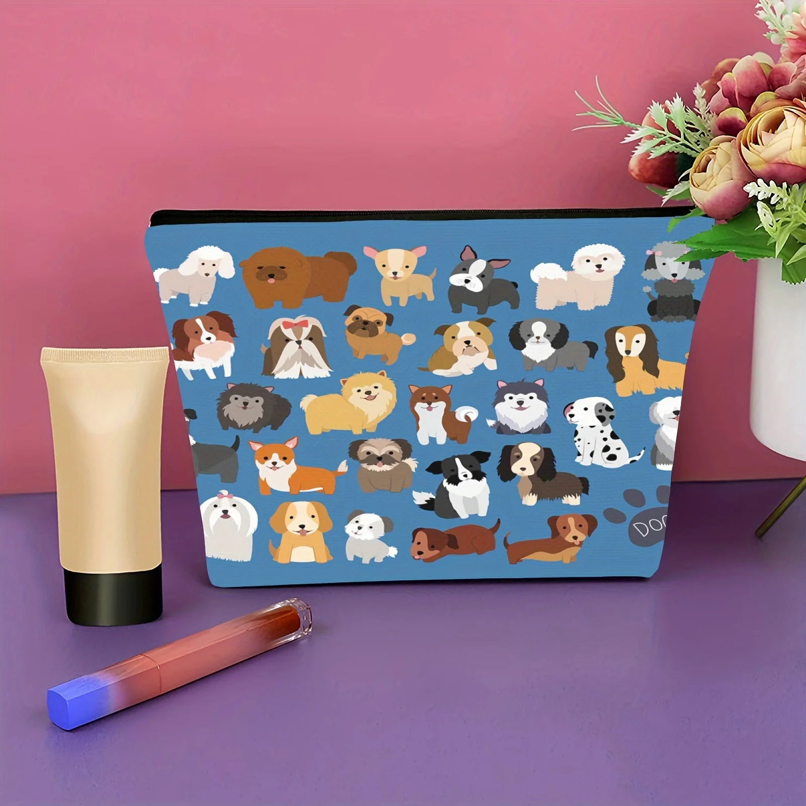 1pc Cartoon Dog Cosmetic Bag Spacious Travel Makeup Bag with Portable Zipper Pouch Easy Access Toiletry  for Women Daily Use