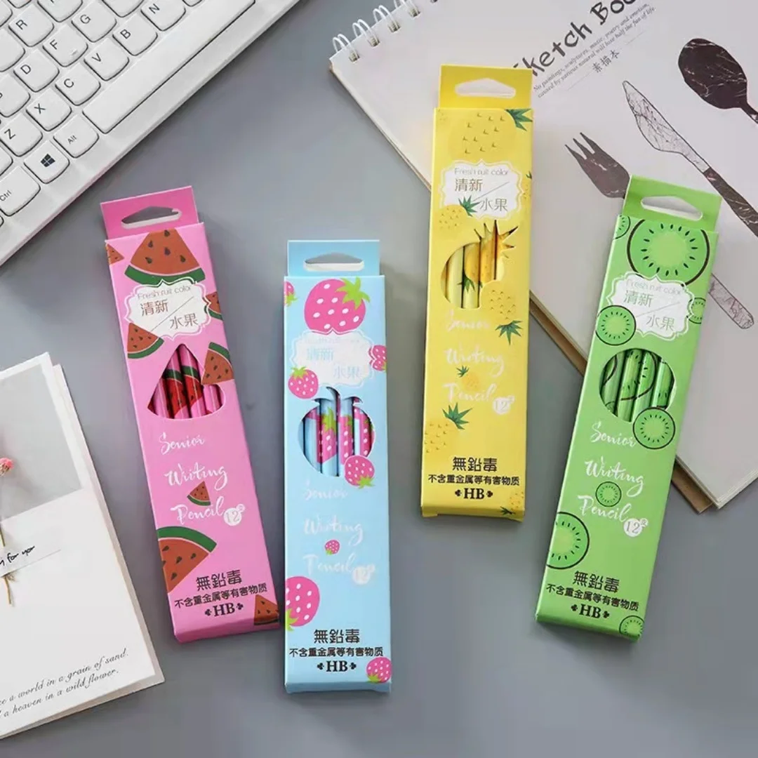 12er-Pack HB-Bleistifte mit niedlichem Fruchtmuster und Radiergummi-Aufsätzen, Cartoon-Bleistifte für Kinder und Schüler, Schulbedarf zum Zeichnen und Schreiben, Geschenk – Detail 5